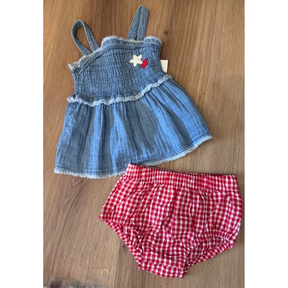 Cat& Jack Baby Girls Blue Smocked Chambray Tunic and Red Gingham Bloomer Set NWT
